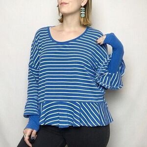 FREE PEOPLE Roundabout Blue White Nautical Henley Peplum‎ Tee Size Medium